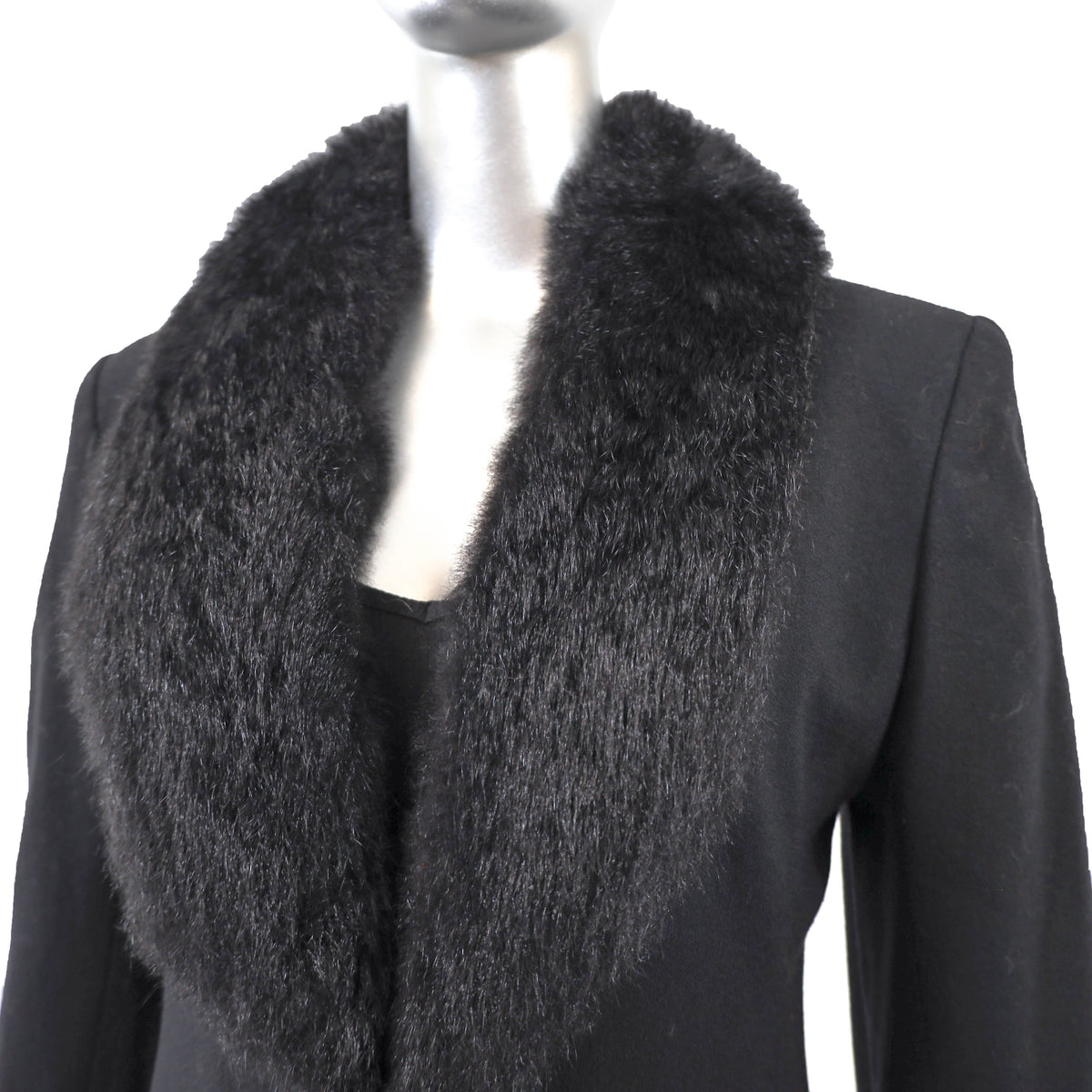 Black Wool Coat with Opossum Trim- Size XS-S