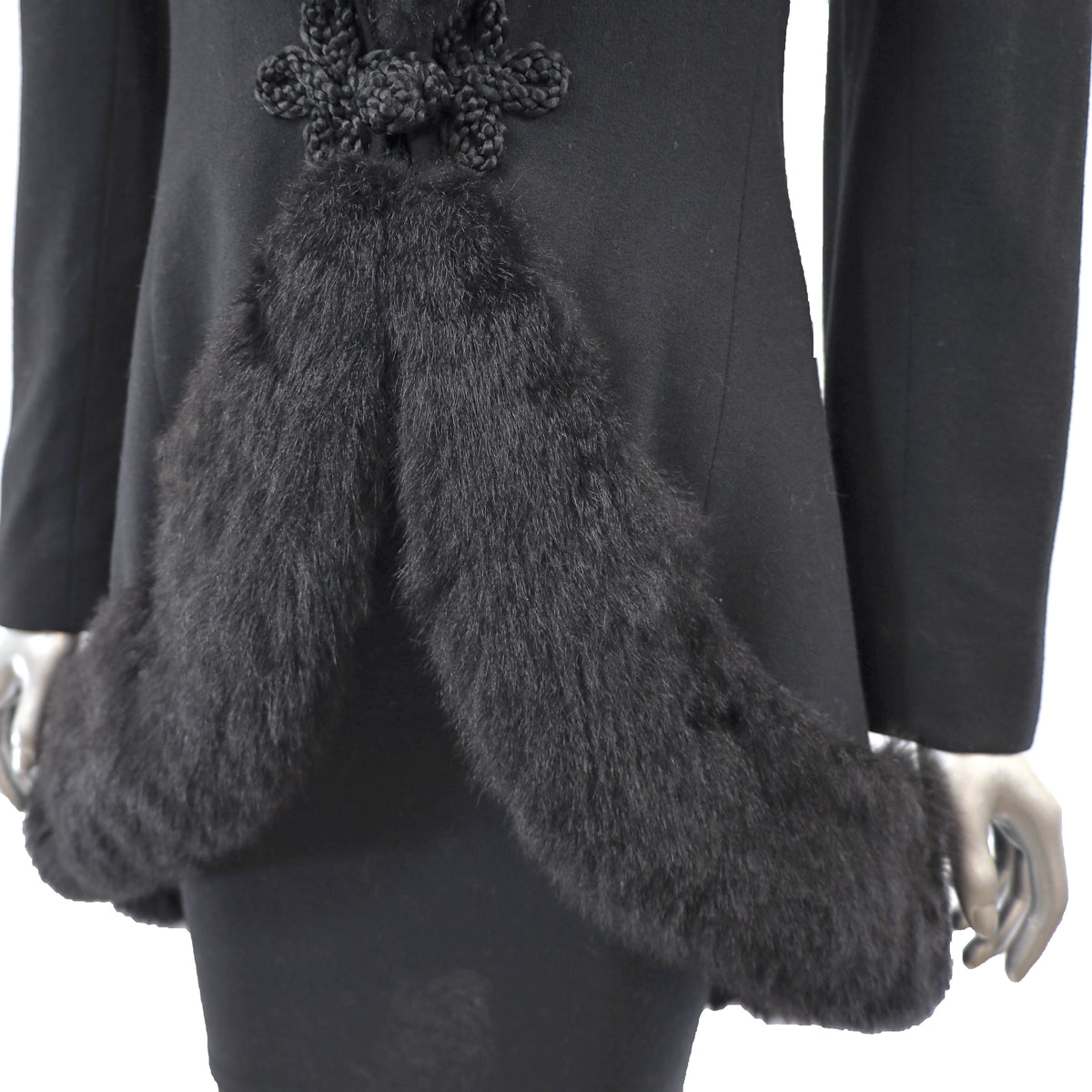 Black Wool Coat with Opossum Trim- Size XS-S