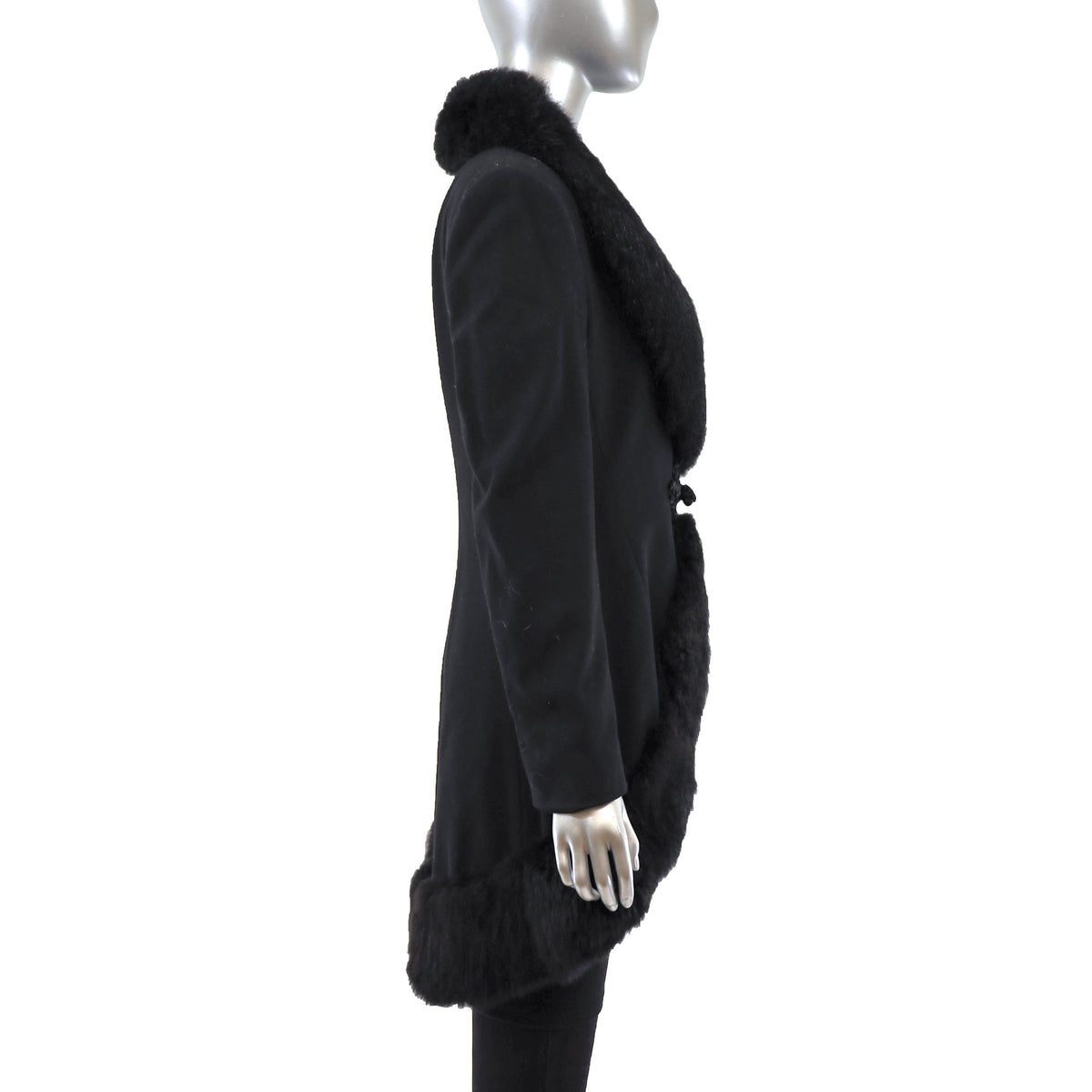 Black Wool Coat with Opossum Trim- Size XS-S