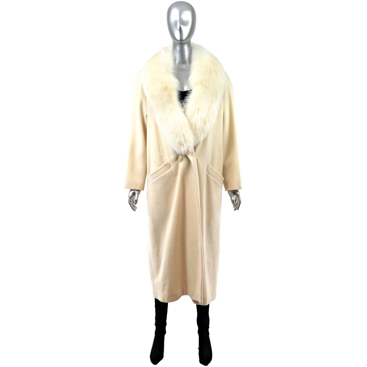 Cream Wool Coat with Fox Collar- Size L