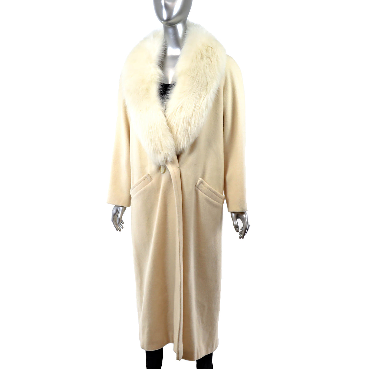 Cream Wool Coat with Fox Collar- Size L