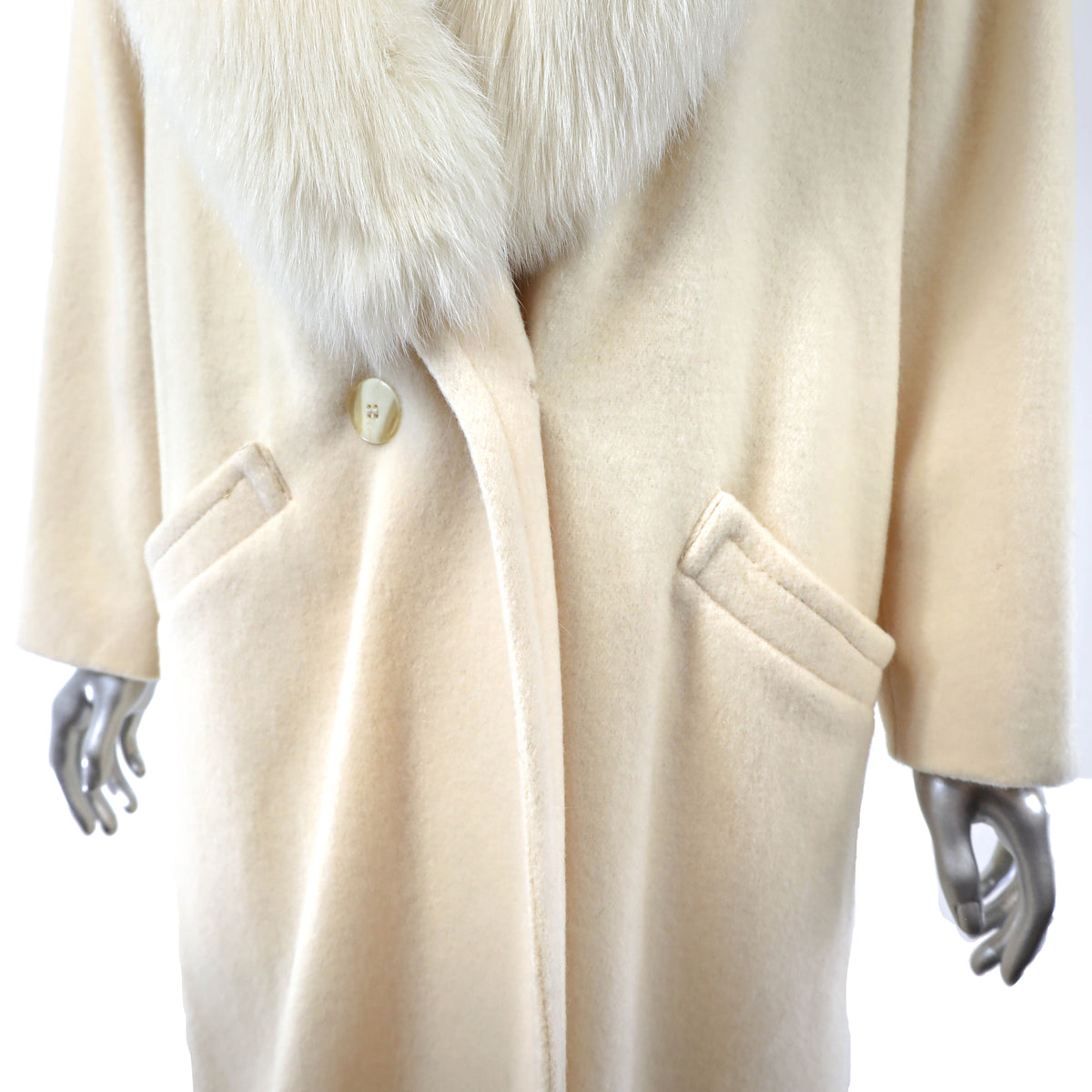 Cream Wool Coat with Fox Collar- Size L