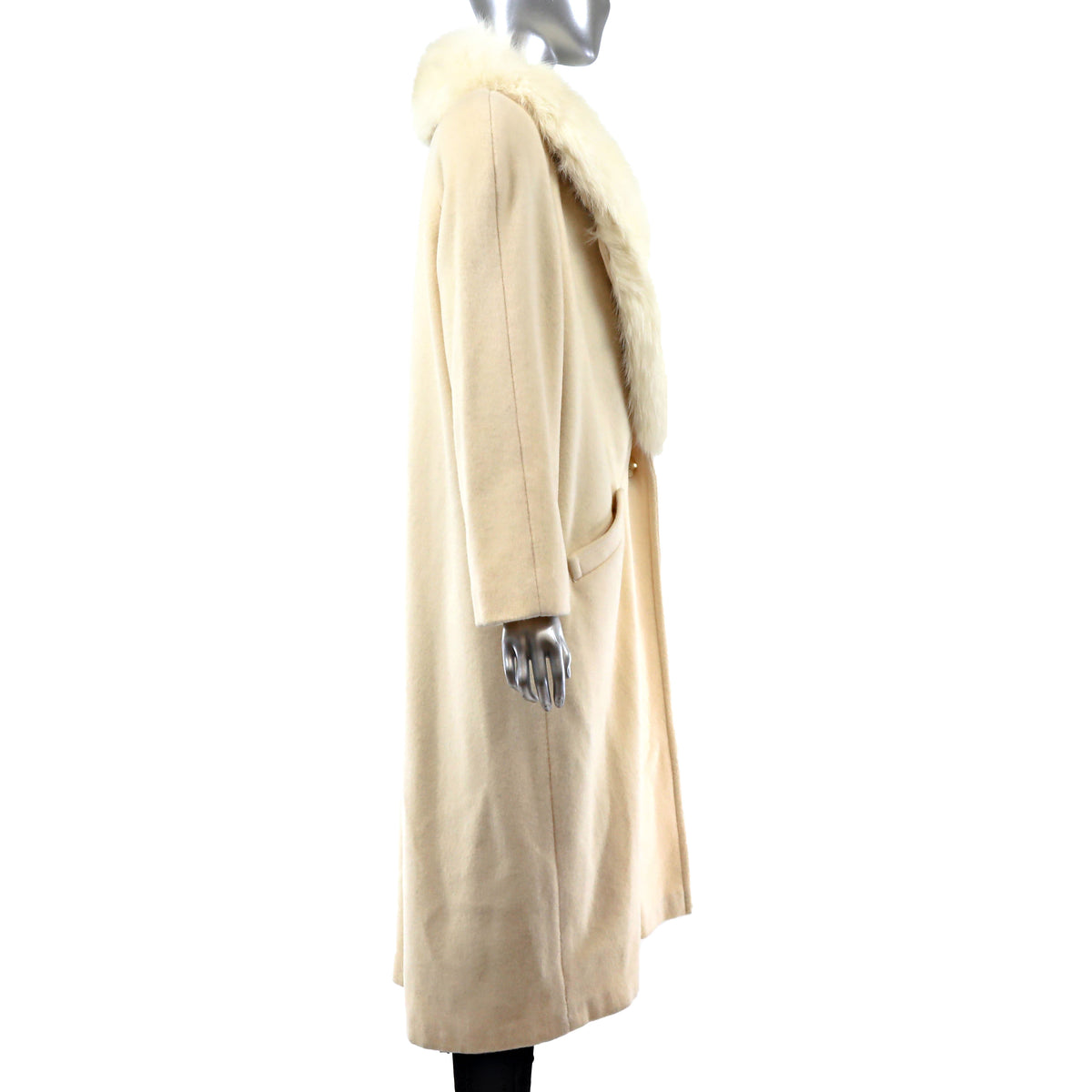 Cream Wool Coat with Fox Collar- Size L