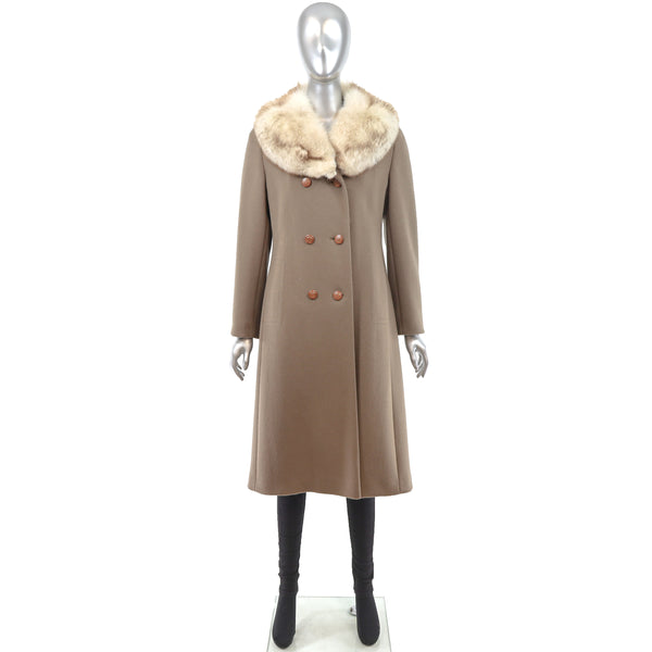 Light Brown Wool Coat with Fox Collar- Size S