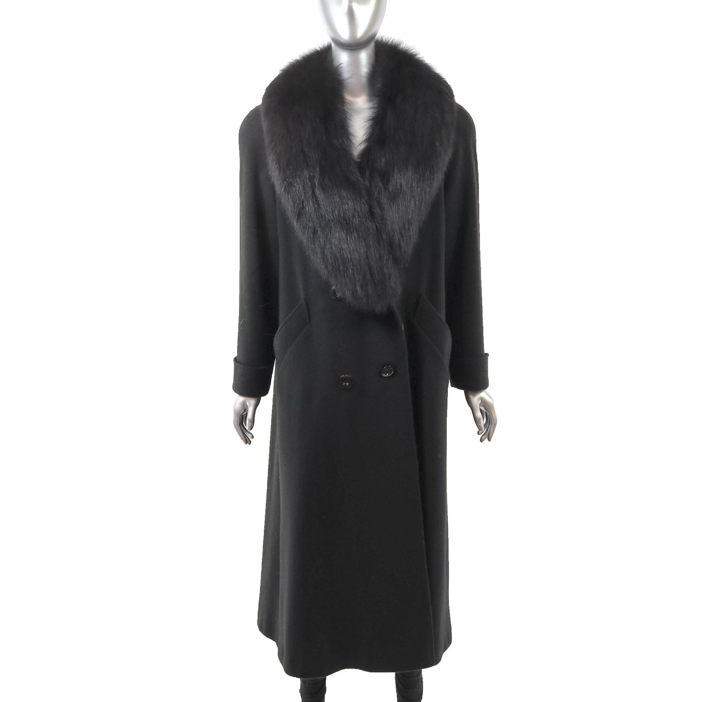 Black Wool Coat with Fox Collar- Size L