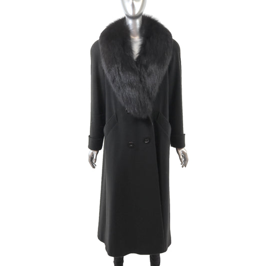Black Wool Coat with Fox Collar- Size L