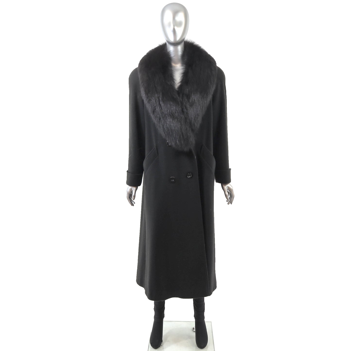 Black Wool Coat with Fox Collar- Size L