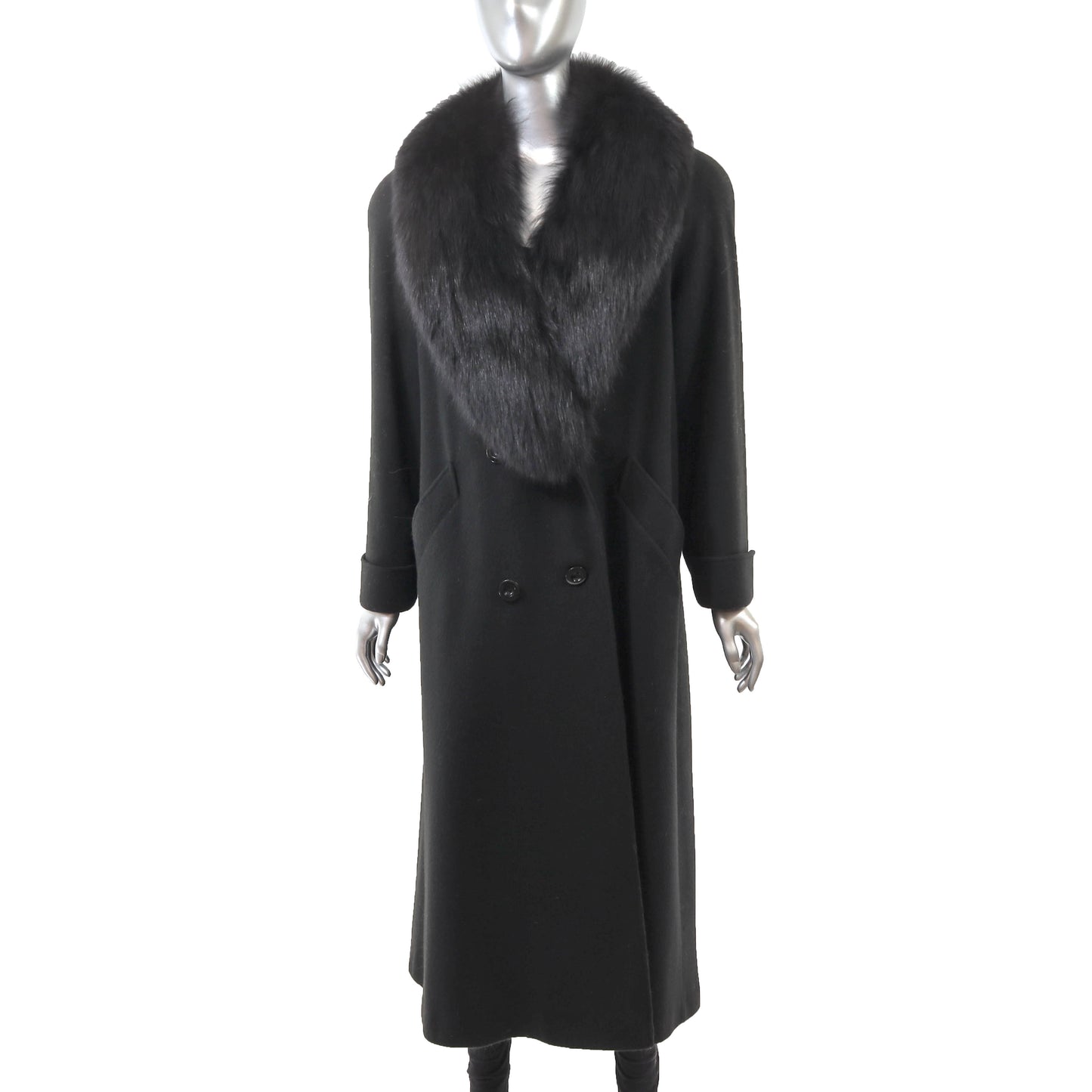 Black Wool Coat with Fox Collar- Size L