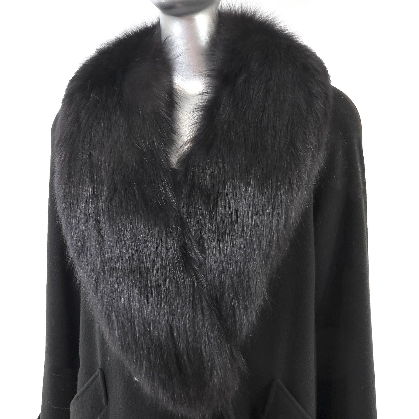Black Wool Coat with Fox Collar- Size L