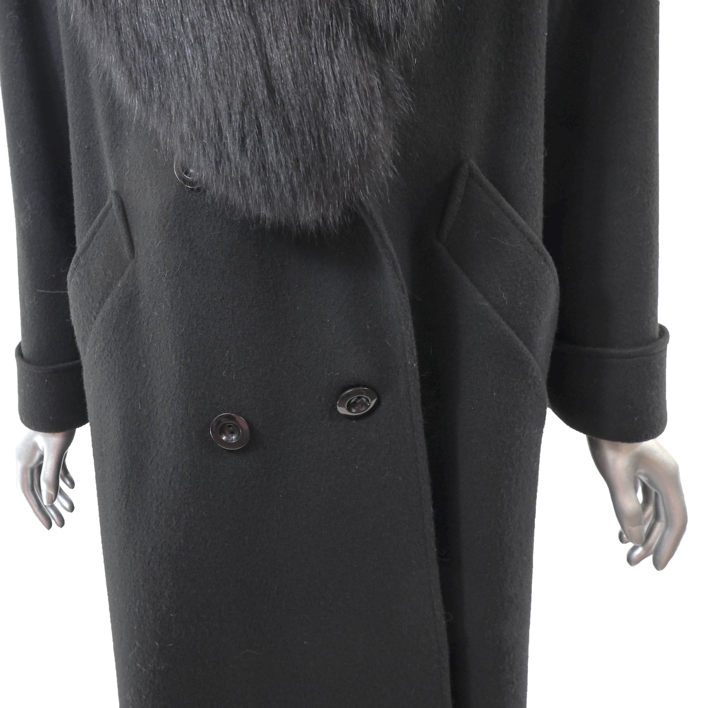 Black Wool Coat with Fox Collar- Size L