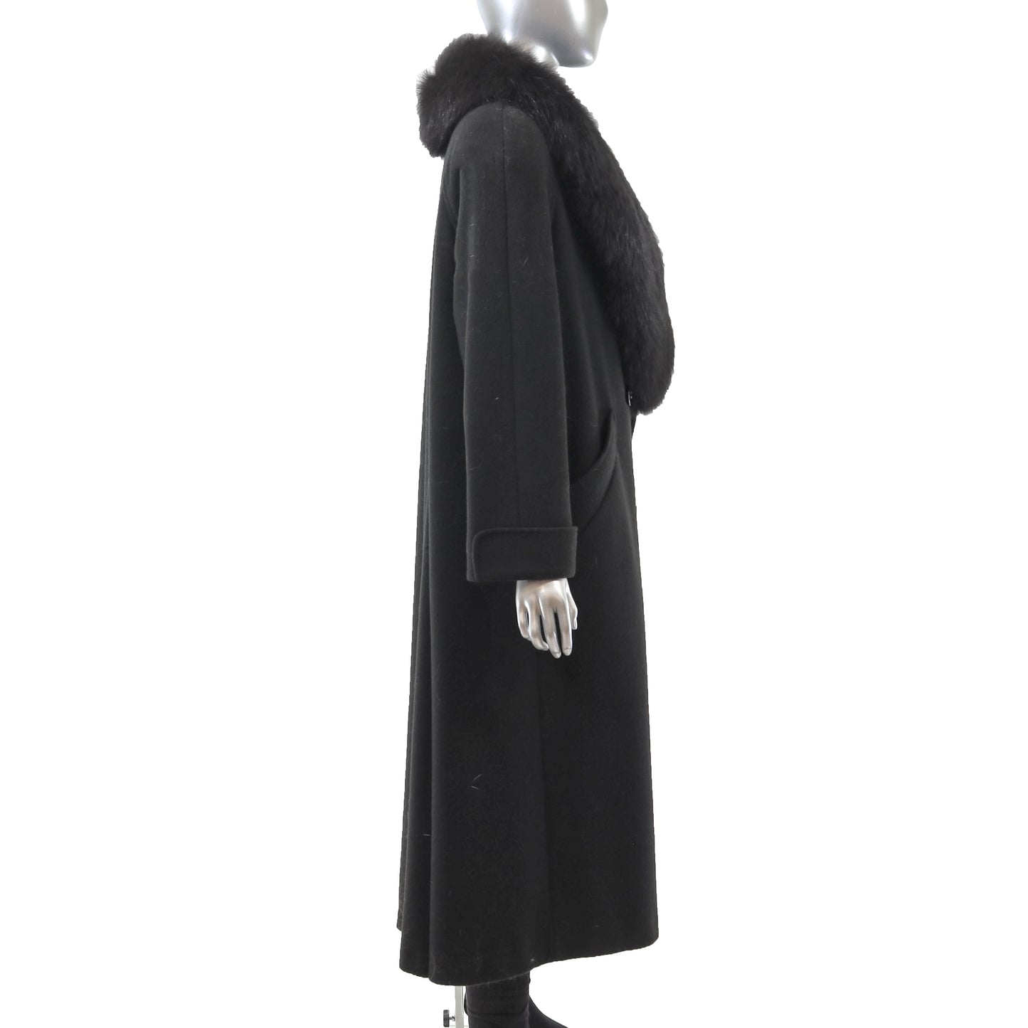 Black Wool Coat with Fox Collar- Size L