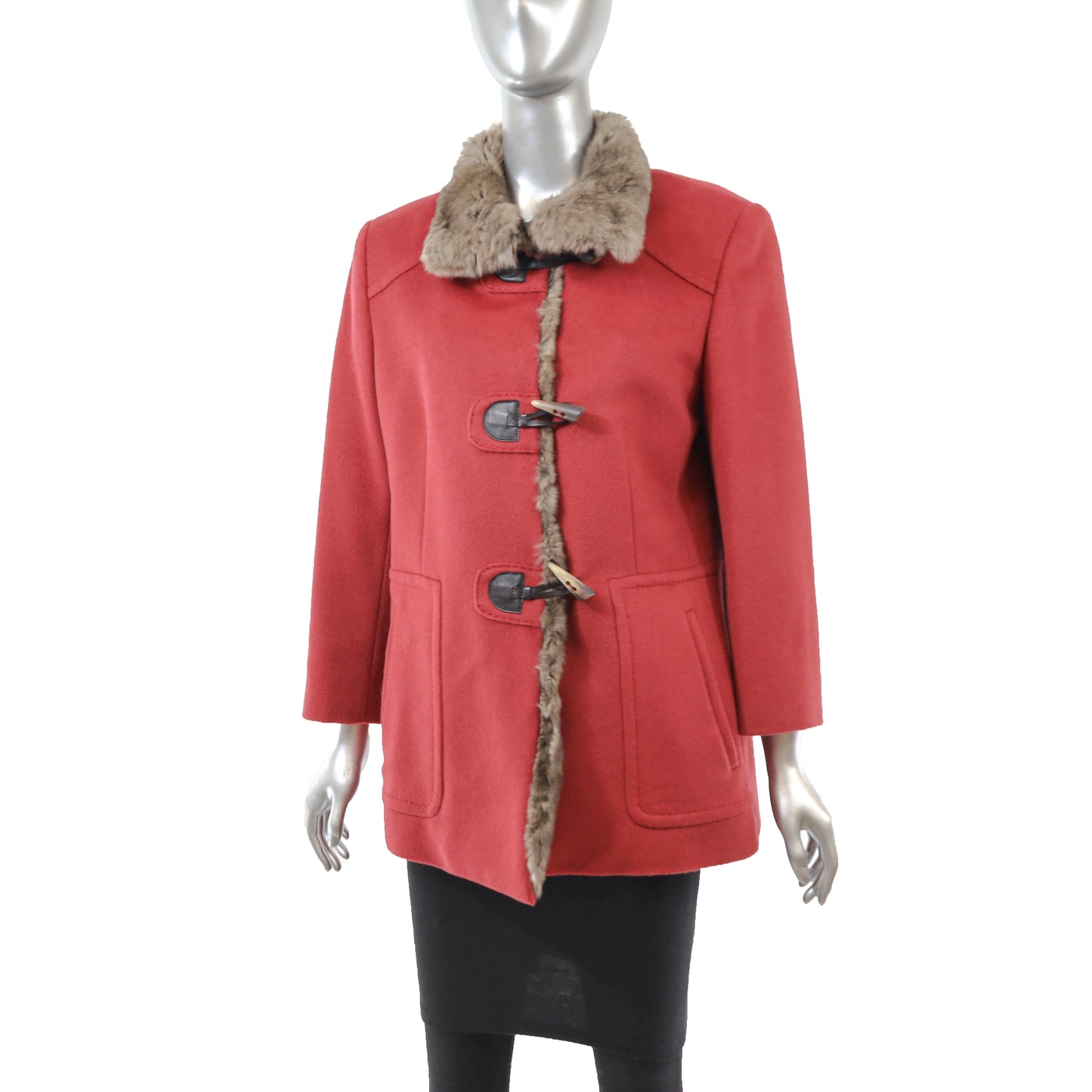 Red Wool Jacket with Rabbit Trim- Size M