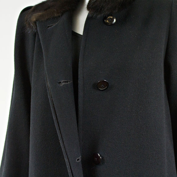 Black Wool Coat with Mink Fur Collar and Cuff - Size M