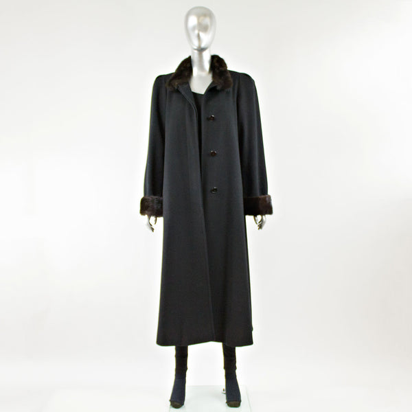 Black Wool Coat with Mink Fur Collar and Cuff - Size M