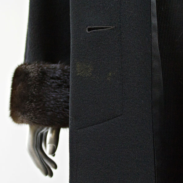 Black Wool Coat with Mink Fur Collar and Cuff - Size M