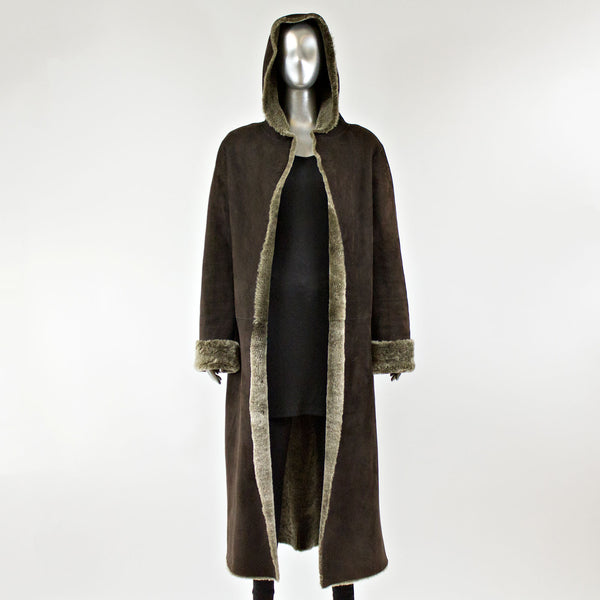 Chocolate Shearling Fur Coat with Hood - Size M