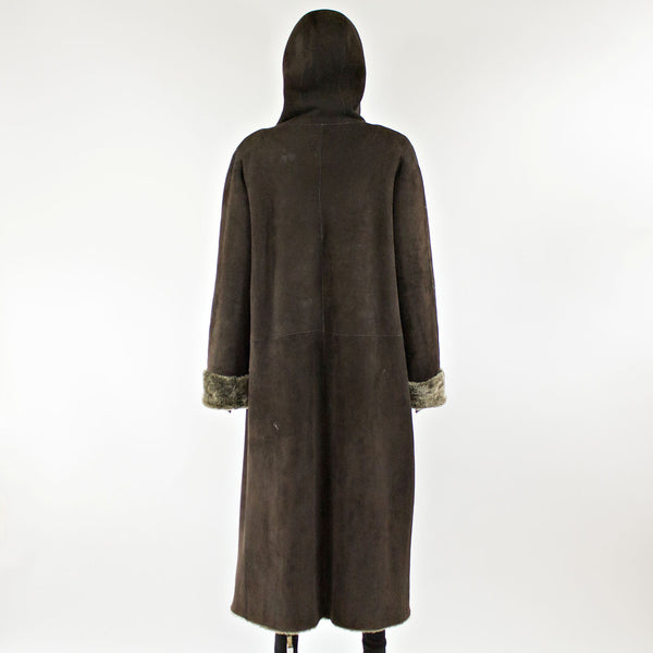 Chocolate Shearling Fur Coat with Hood - Size M