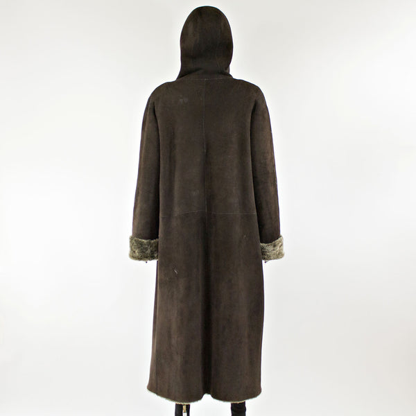 Chocolate Shearling Fur Coat with Hood - Size M