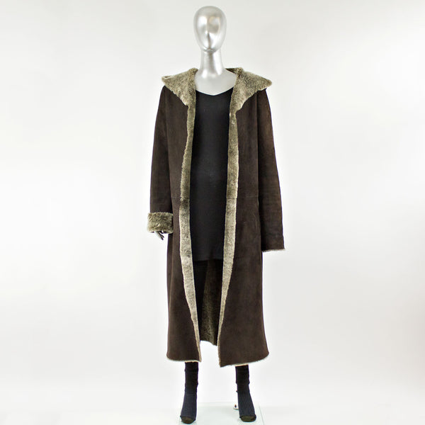 Chocolate Shearling Fur Coat with Hood - Size M