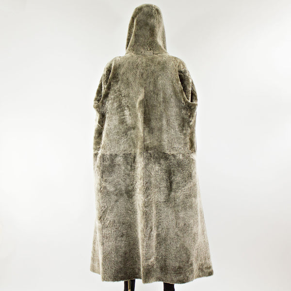 Chocolate Shearling Fur Coat with Hood - Size M