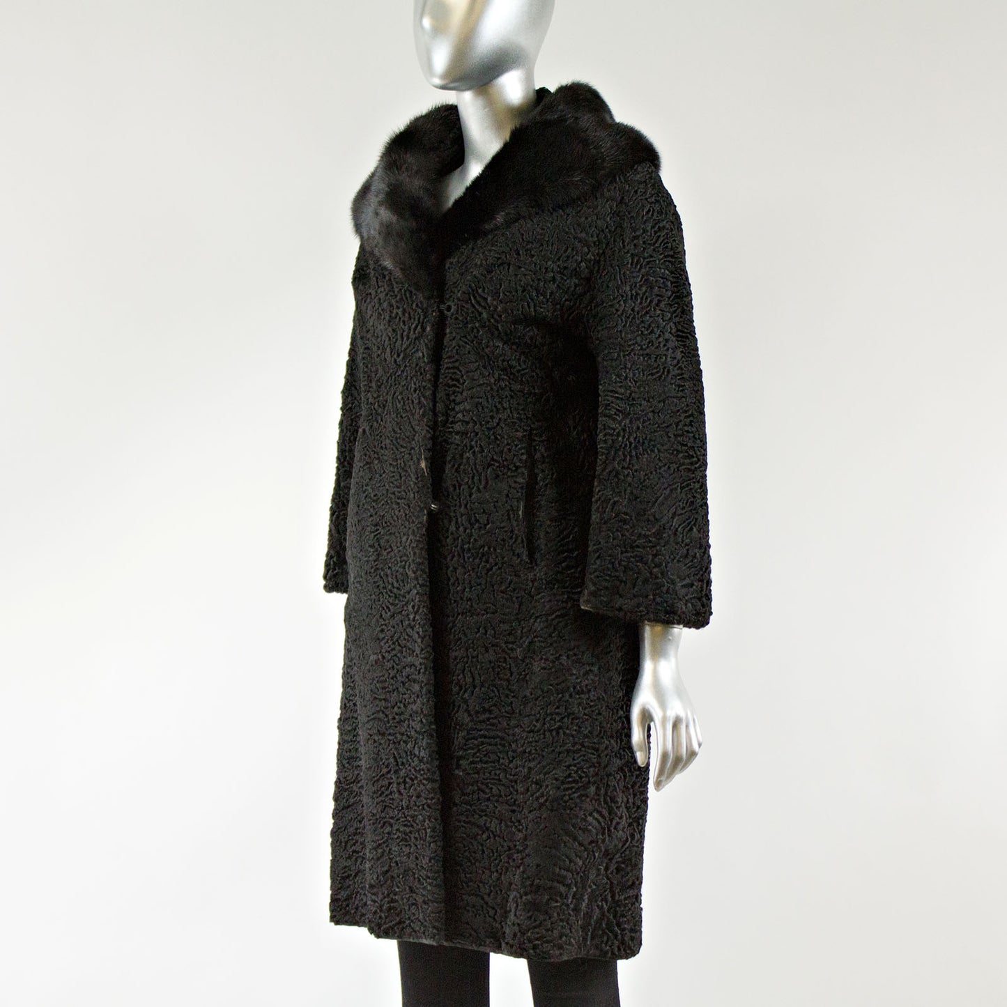 Black Persian Lamb Fur Coat with Mink Cowl Collar - Size XS