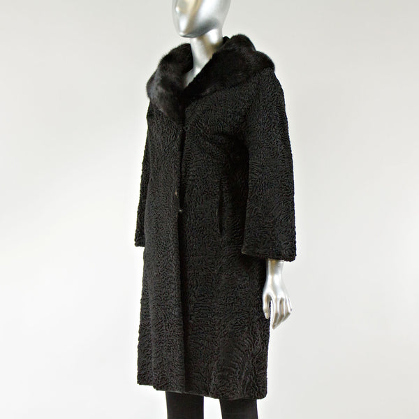 Black Persian Lamb Fur Coat with Mink Cowl Collar - Size XS