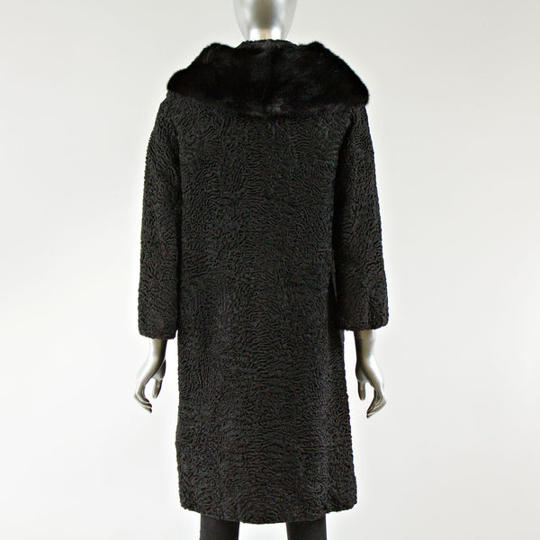 Black Persian Lamb Fur Coat with Mink Cowl Collar - Size XS