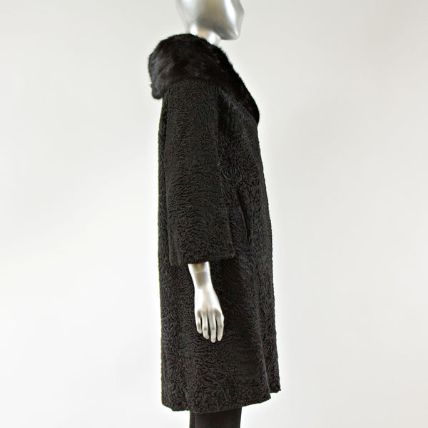 Black Persian Lamb Fur Coat with Mink Cowl Collar - Size XS