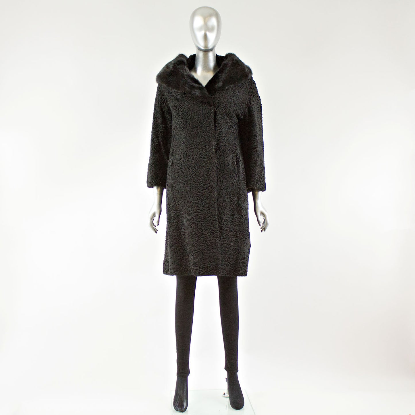 Black Persian Lamb Fur Coat with Mink Cowl Collar - Size XS