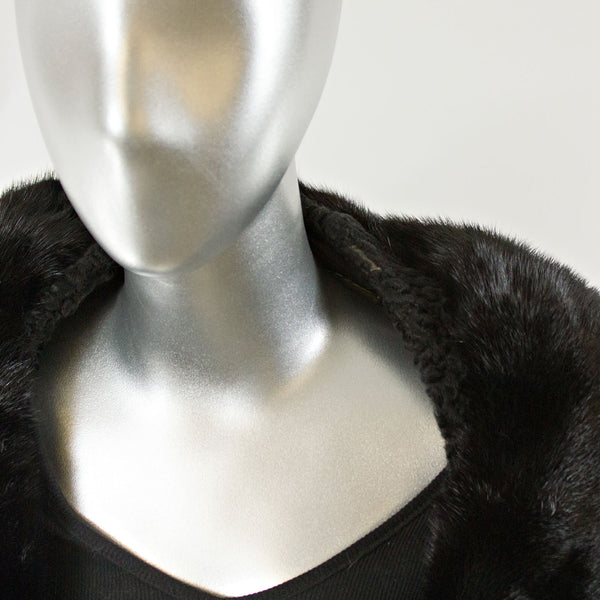 Black Persian Lamb Fur Coat with Mink Cowl Collar - Size XS