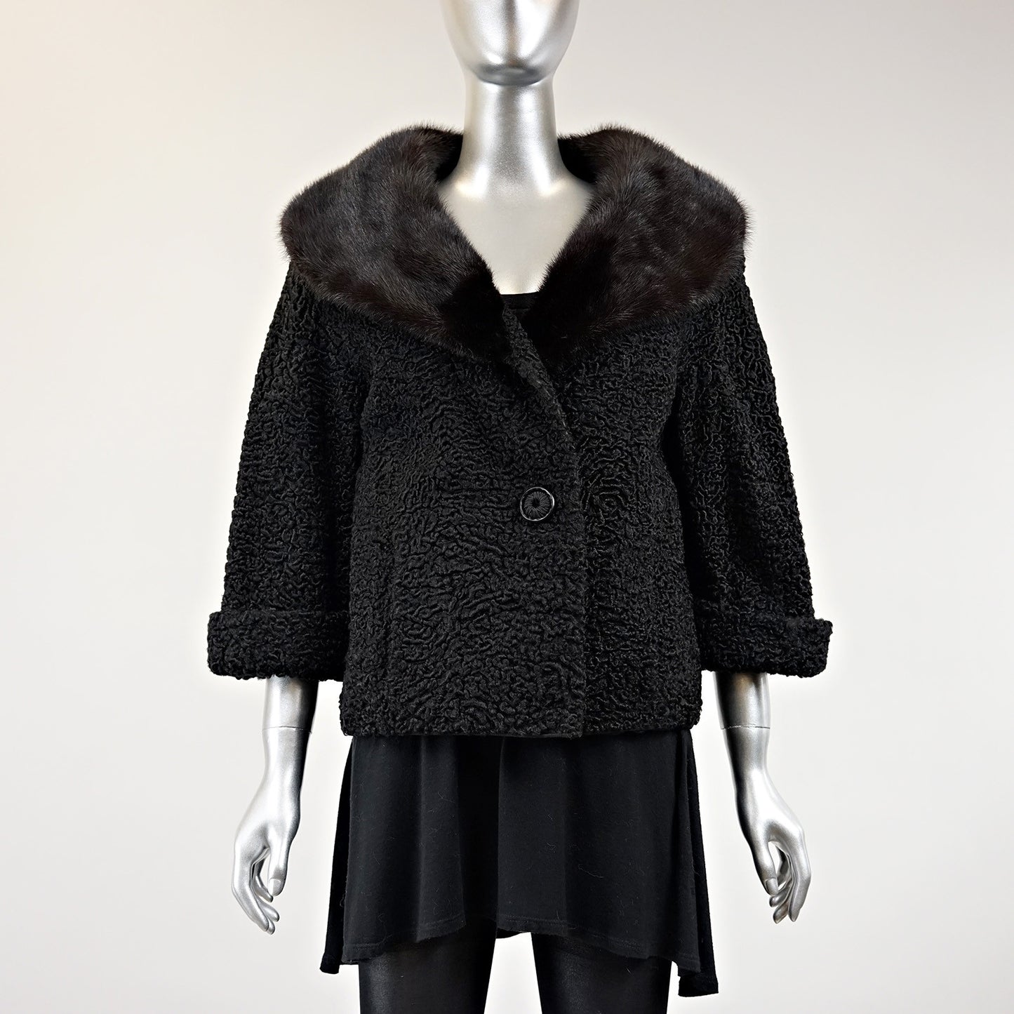 Persian Lamb Fur Jacket With Mink Fur Collar - Size S
