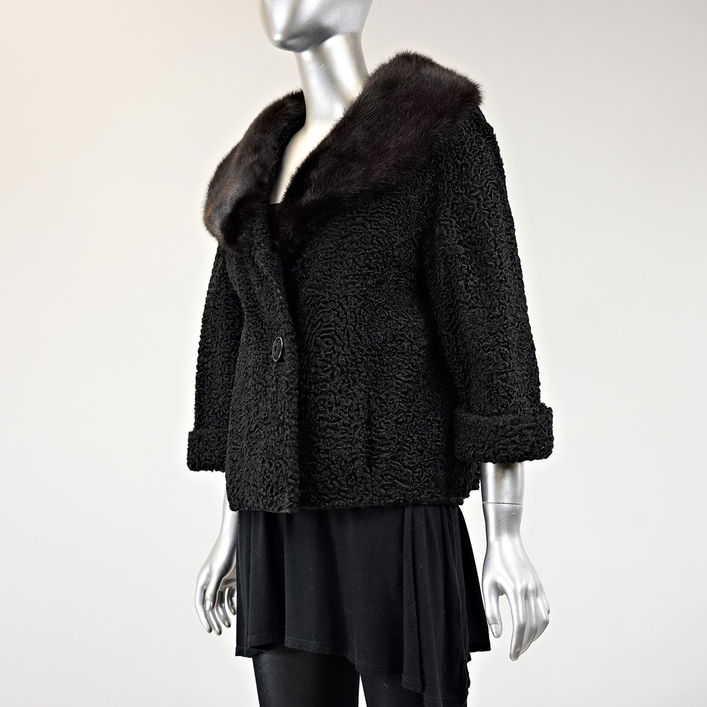 Persian Lamb Fur Jacket With Mink Fur Collar - Size S
