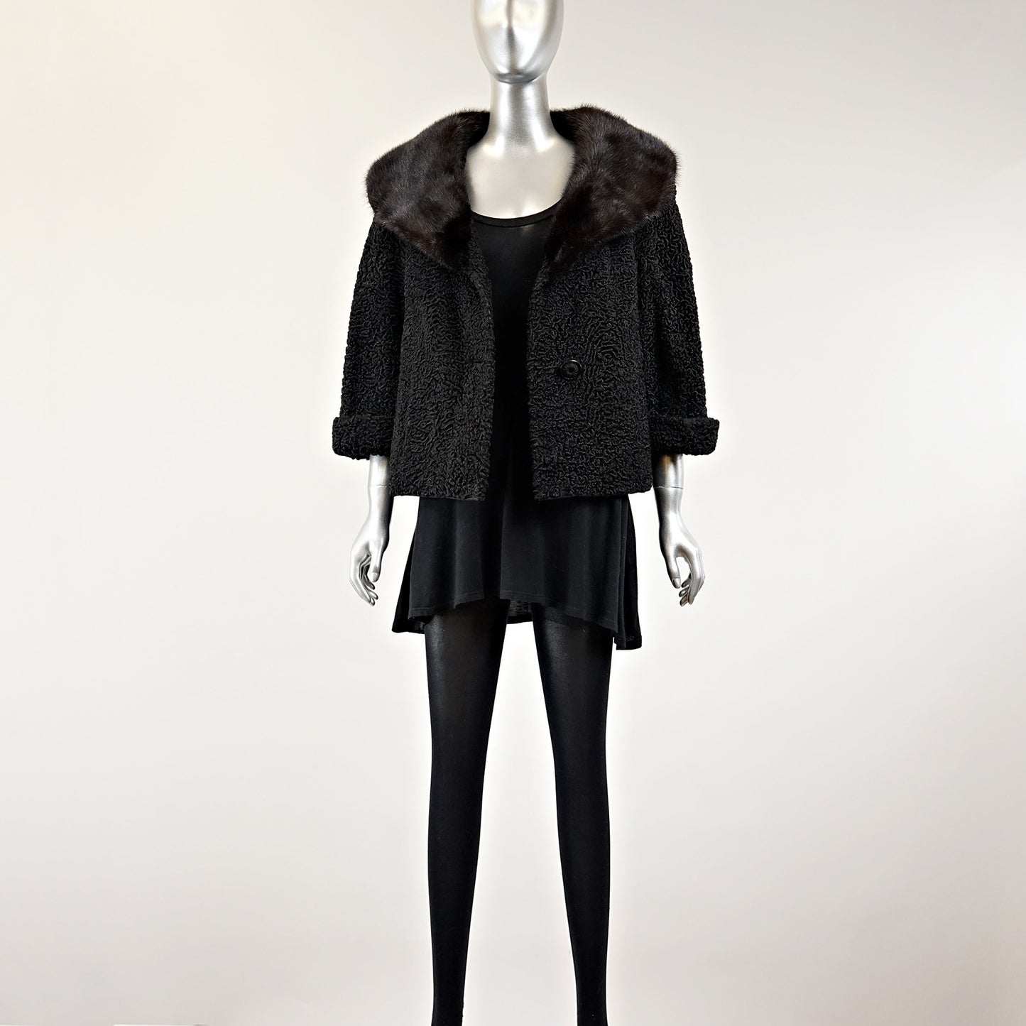Persian Lamb Fur Jacket With Mink Fur Collar - Size S