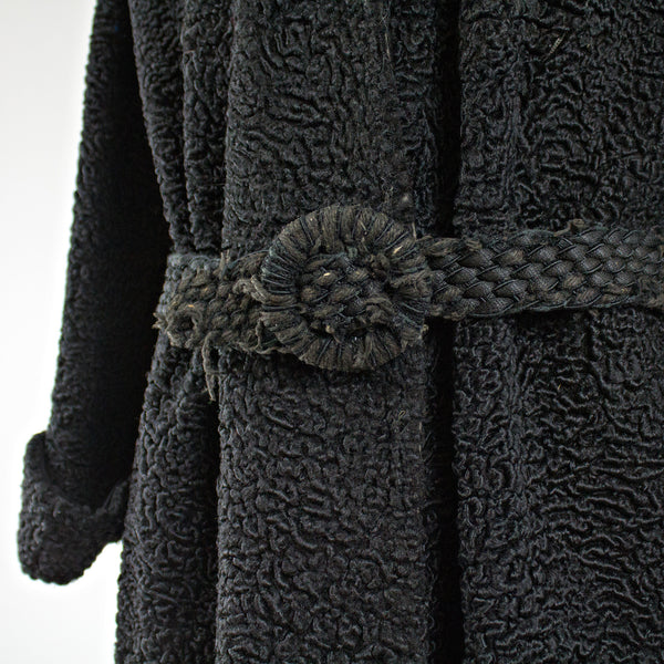 Black Persian Lamb Fur Coat With Belt - Size S - Pre-Owned
