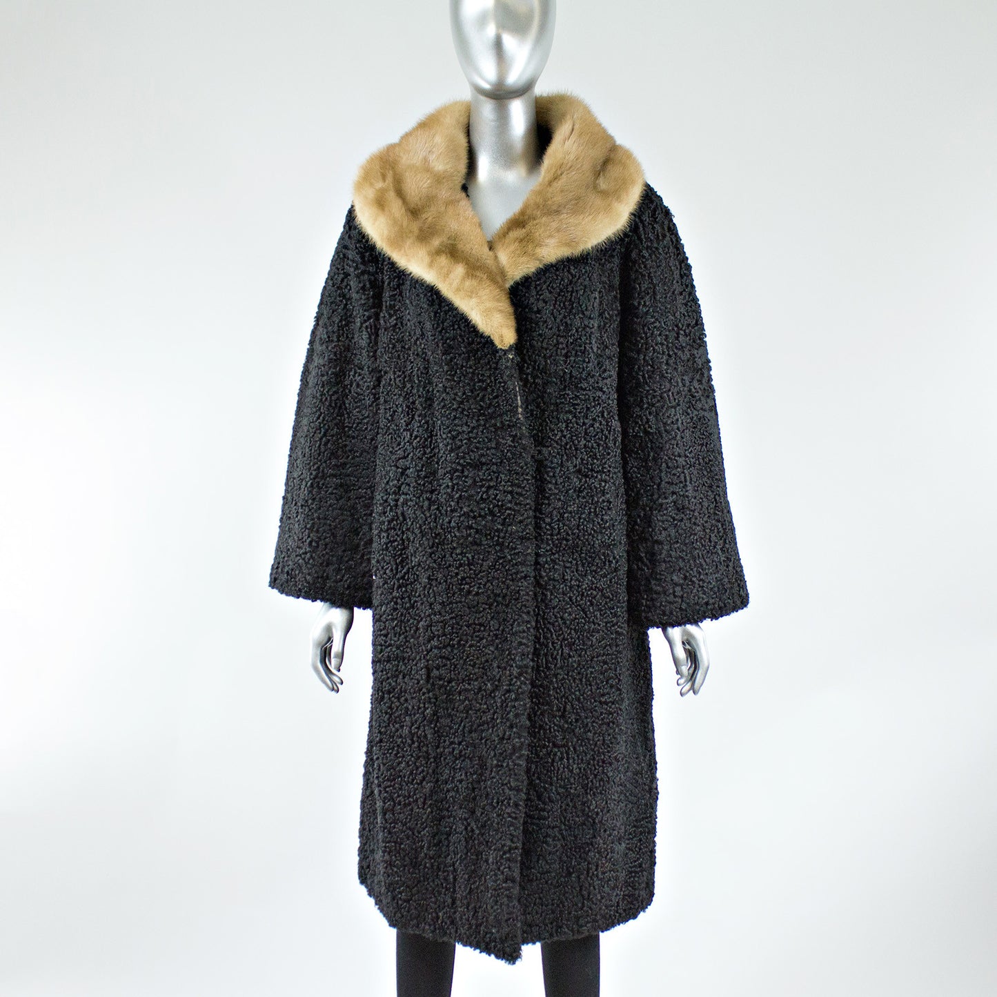 Black Persian Lamb Fur Coat with Pastel Mink Fur Collar - Size S