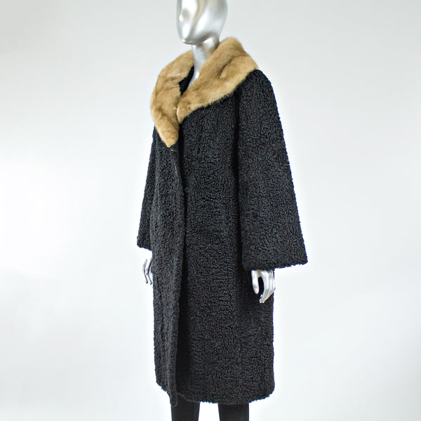 Black Persian Lamb Fur Coat with Pastel Mink Fur Collar - Size S