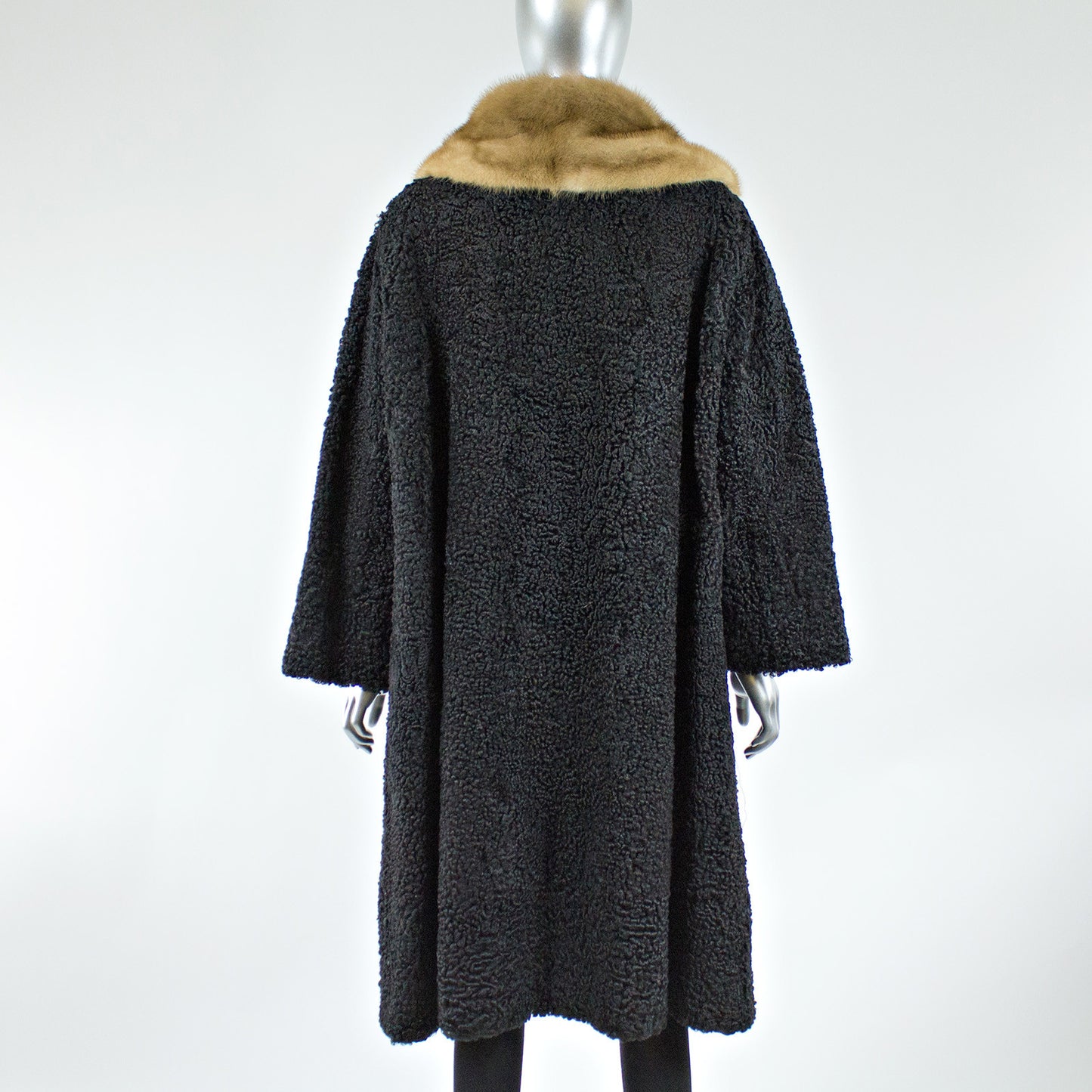 Black Persian Lamb Fur Coat with Pastel Mink Fur Collar - Size S