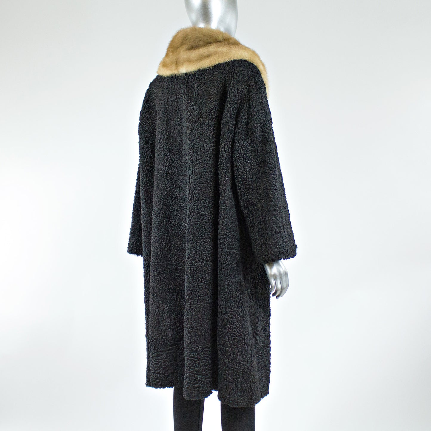 Black Persian Lamb Fur Coat with Pastel Mink Fur Collar - Size S