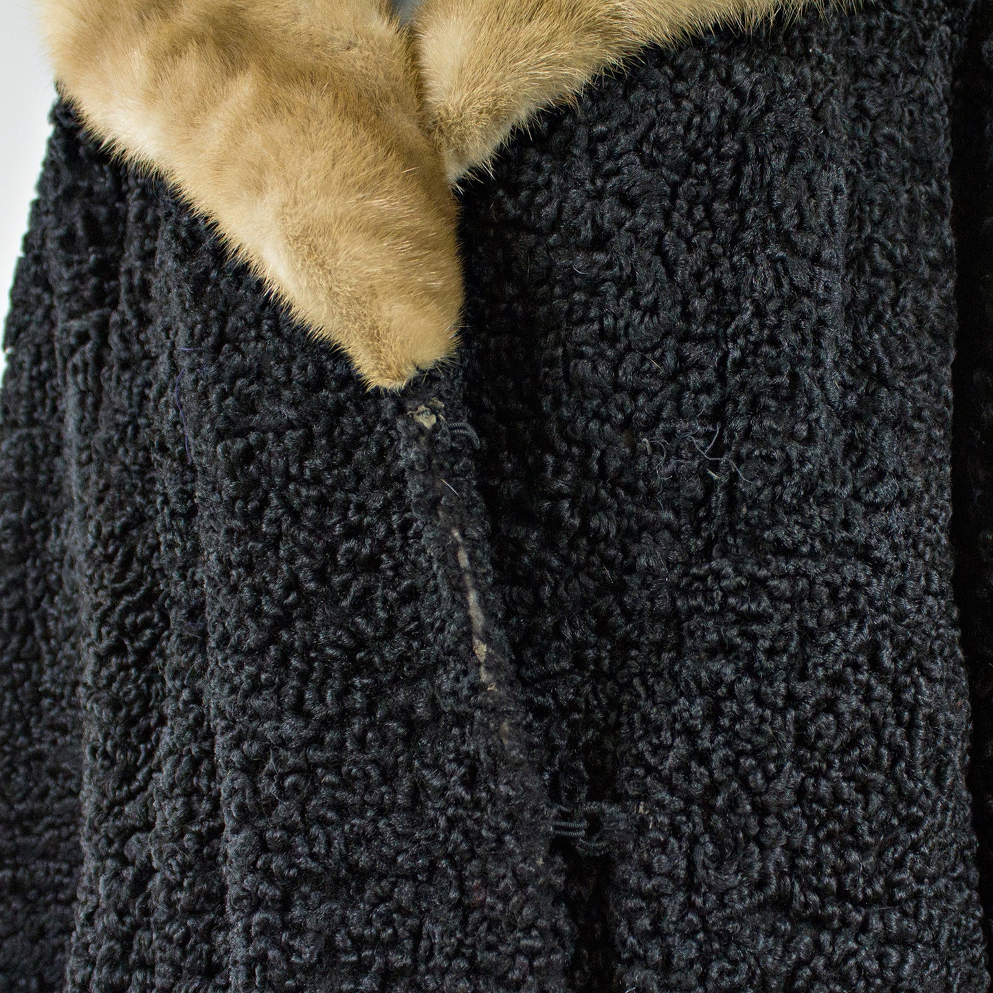 Black Persian Lamb Fur Coat with Pastel Mink Fur Collar - Size S