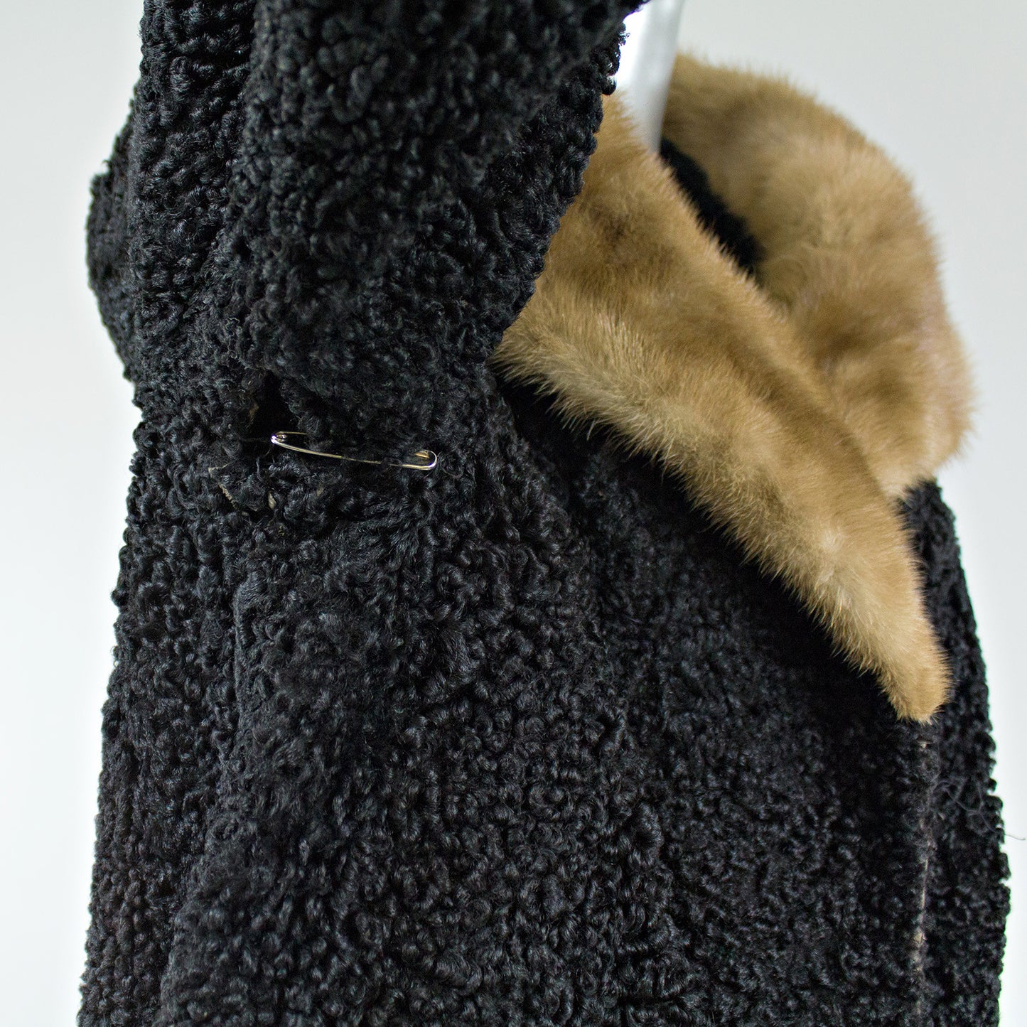 Black Persian Lamb Fur Coat with Pastel Mink Fur Collar - Size S