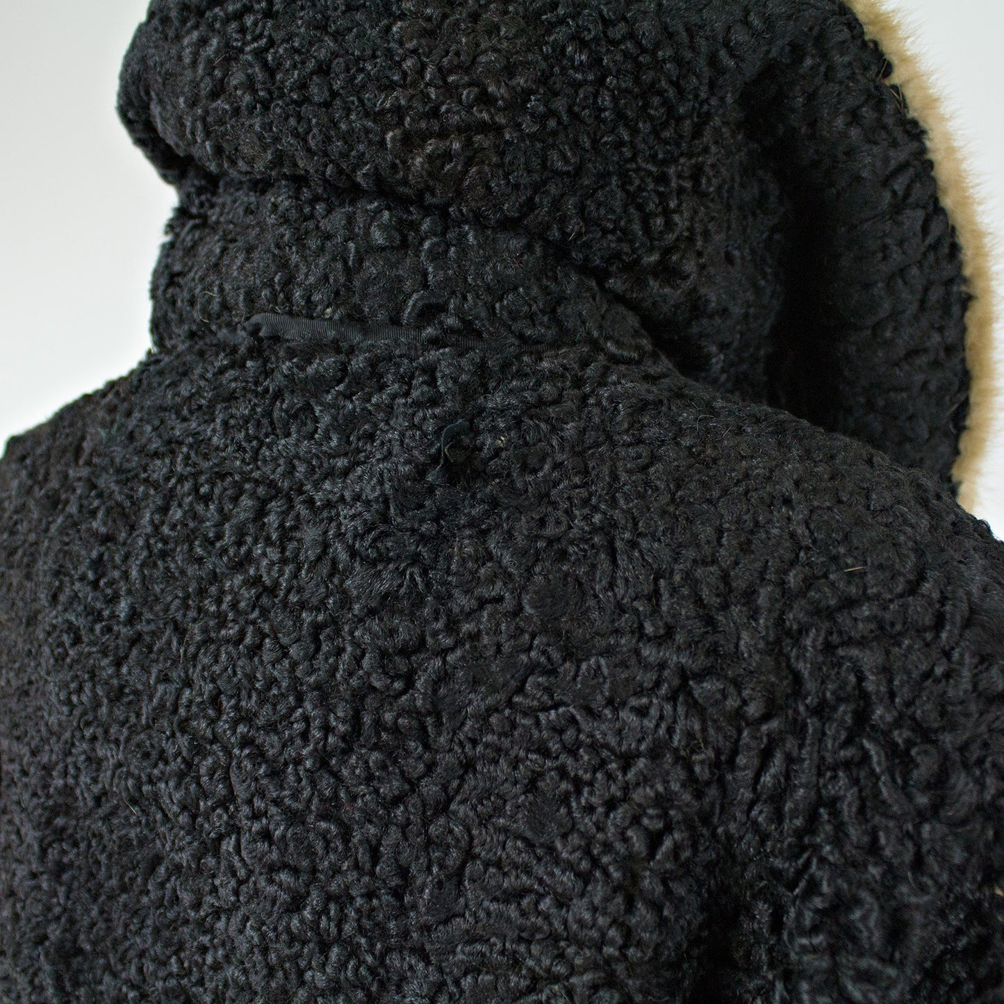 Black Persian Lamb Fur Coat with Pastel Mink Fur Collar - Size S