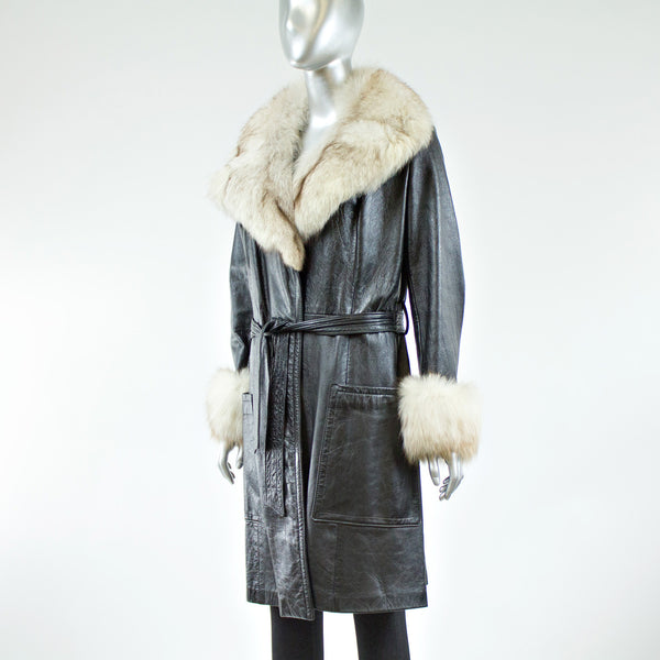 Black Leather with Blue Fox Fur Collar and Cuffs Coat - Size S