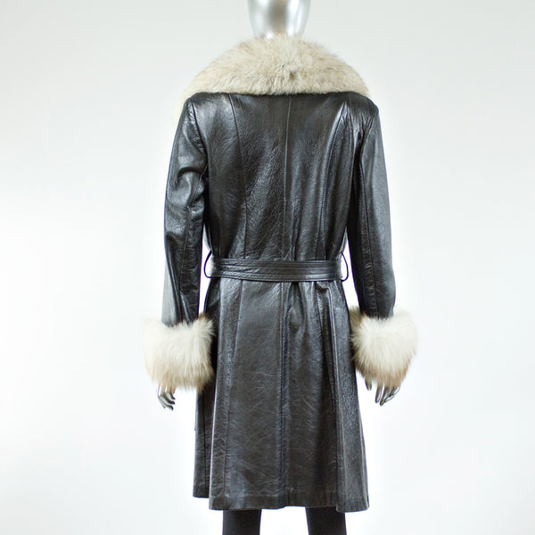 Black Leather with Blue Fox Fur Collar and Cuffs Coat - Size S