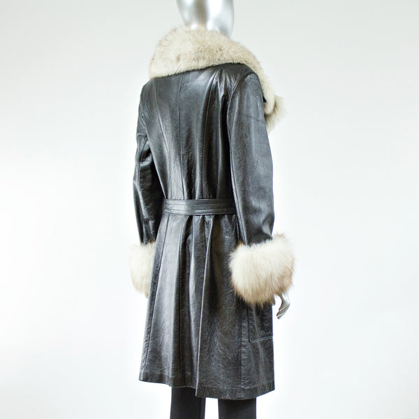 Black Leather with Blue Fox Fur Collar and Cuffs Coat - Size S
