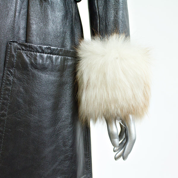 Black Leather with Blue Fox Fur Collar and Cuffs Coat - Size S