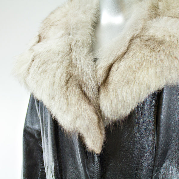 Black Leather with Blue Fox Fur Collar and Cuffs Coat - Size S