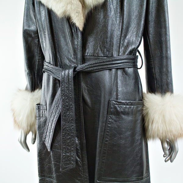 Black Leather with Blue Fox Fur Collar and Cuffs Coat - Size S