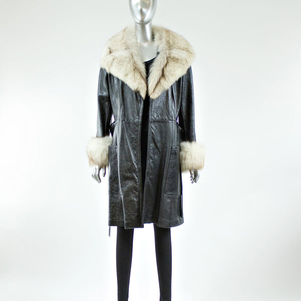 Black Leather with Blue Fox Fur Collar and Cuffs Coat - Size S