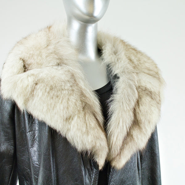 Black Leather with Blue Fox Fur Collar and Cuffs Coat - Size S