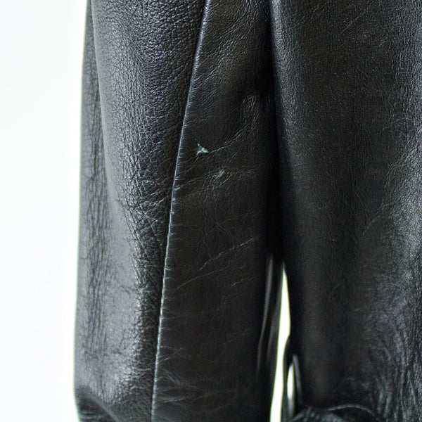 Black Leather with Blue Fox Fur Collar and Cuffs Coat - Size S